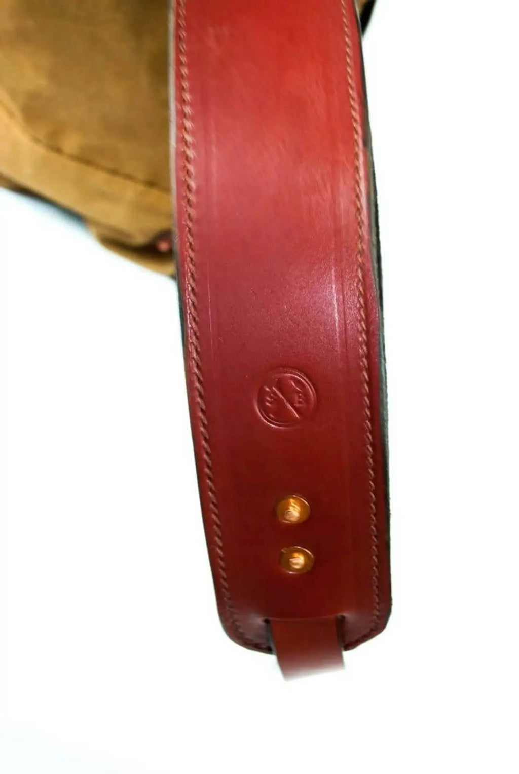 Close-up of The Harland Rolltop Pack's chestnut leather strap on durable nutmeg waxed canvas.