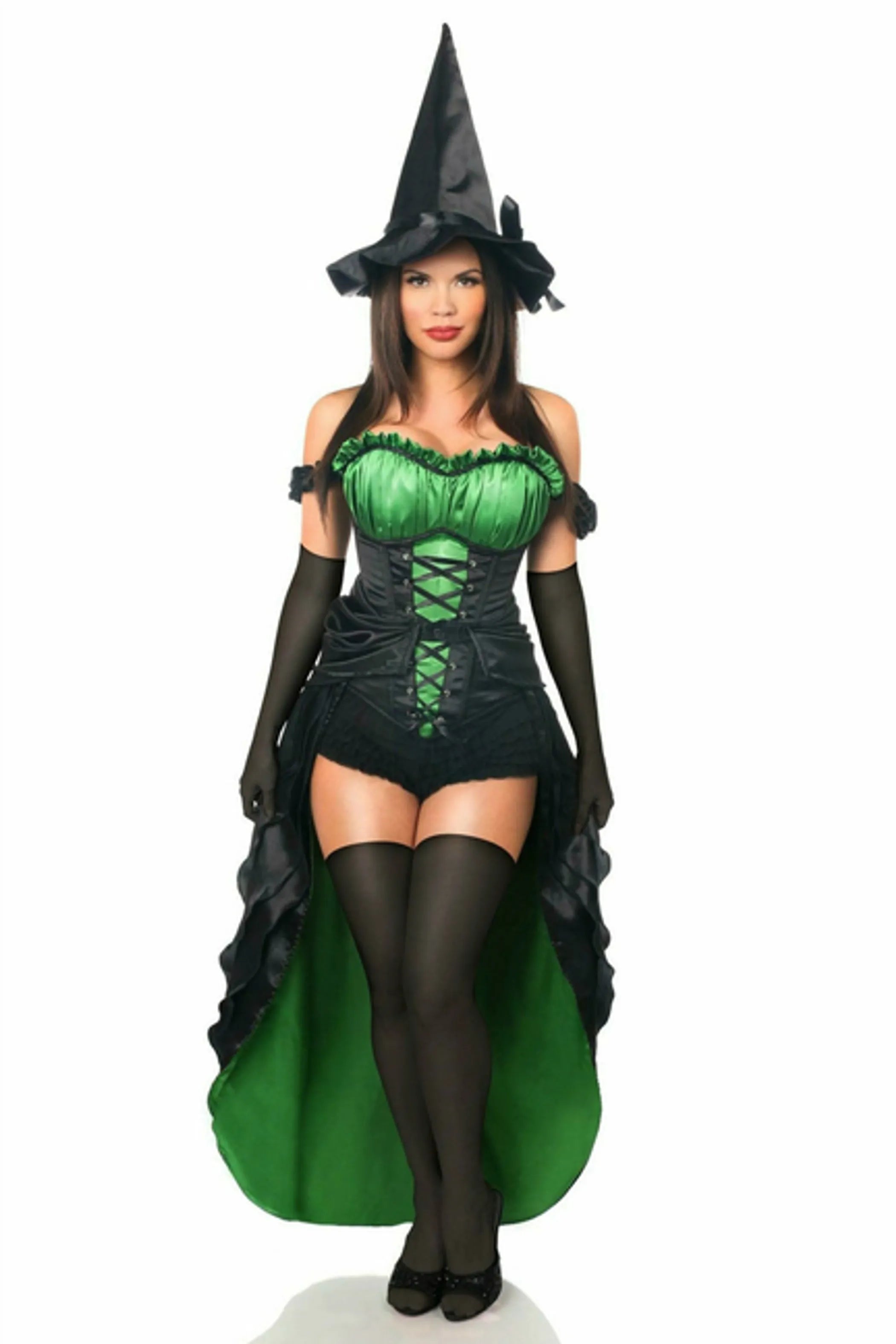 Top Drawer Premium Spellbound Witch Costume with satin corset, detachable skirt, and hat.