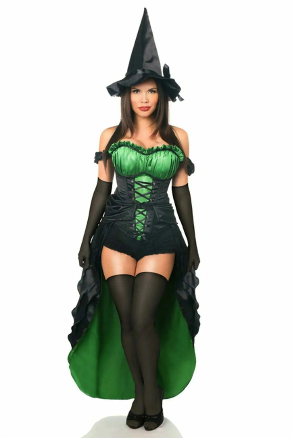 Premium witch costume with satin corset, hat, skirt, ruffle panty, and gloves.