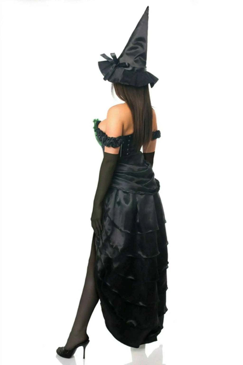 Premium satin witch costume with corset, long skirt, gloves, and hat.