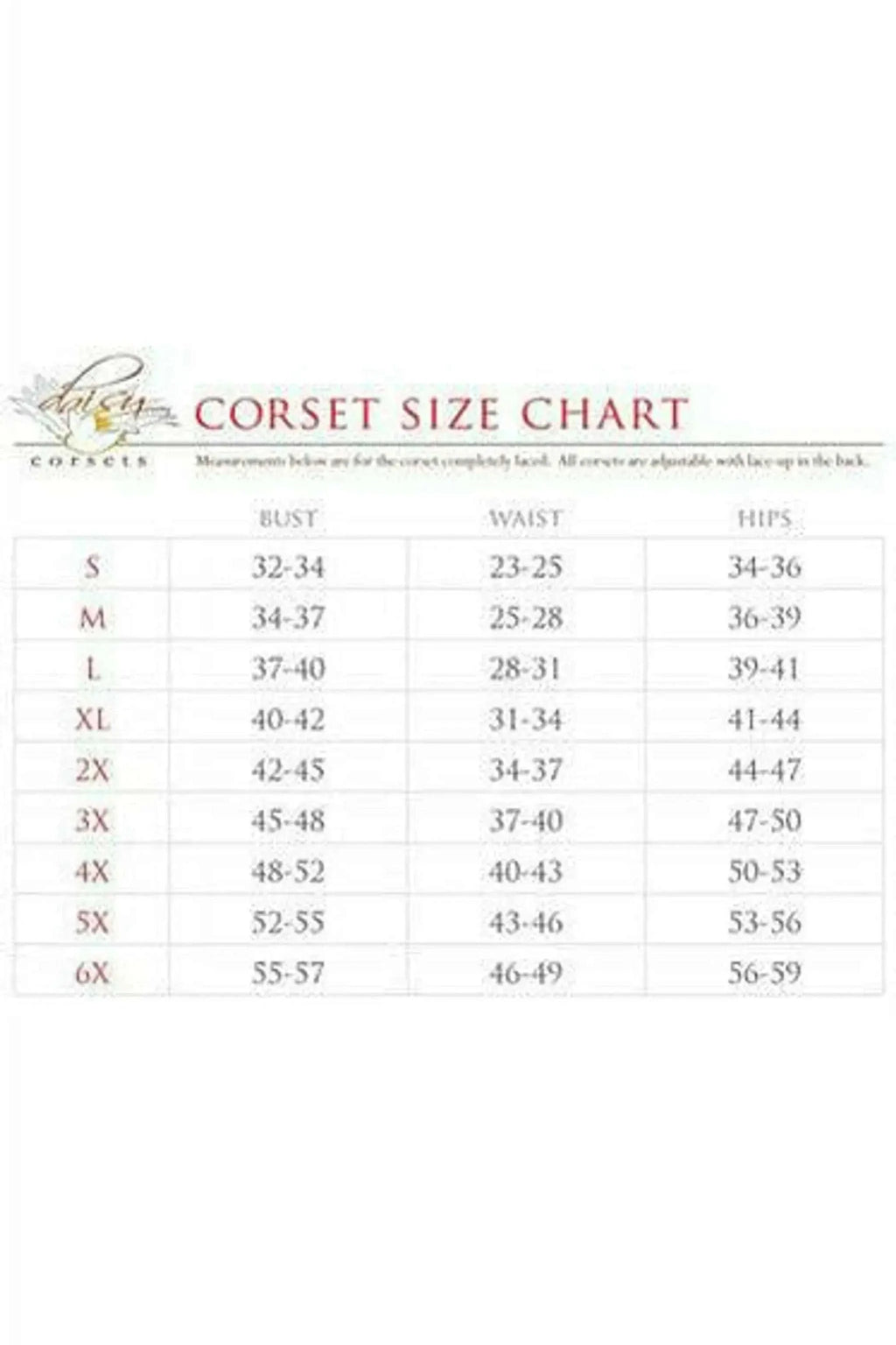 Premium Spellbound Witch Costume corset size chart with bust, waist, and hips measurements.