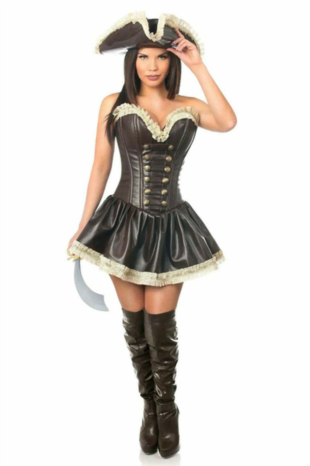 Top Drawer Pirate Lady Costume featuring a faux leather corset dress, matching hat, and sword, perfect for themed parties.