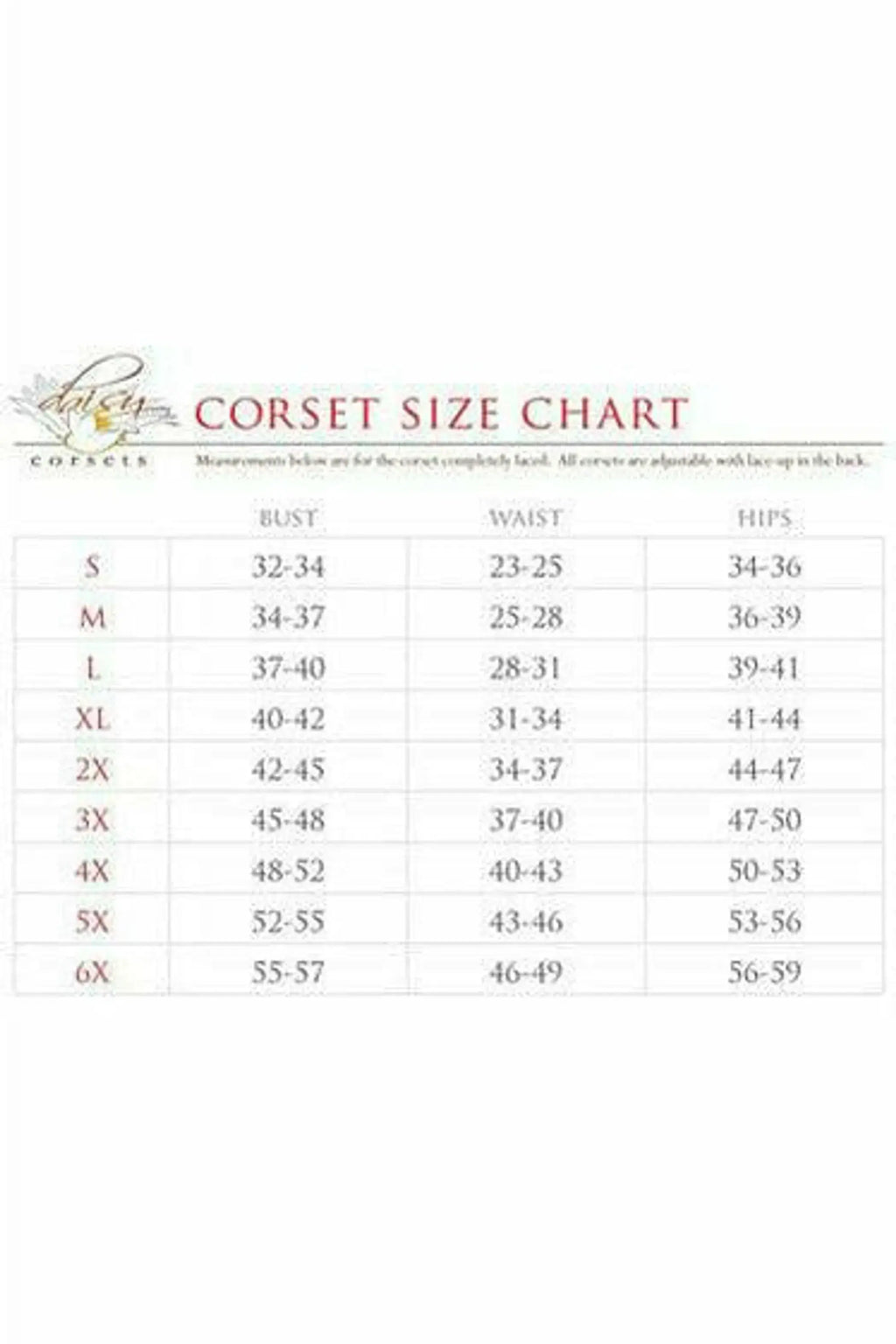 Corset size chart showing measurements for S, M, L, XL, 2X, 3X, 5X, and 6X bust, waist, and hip sizes.
