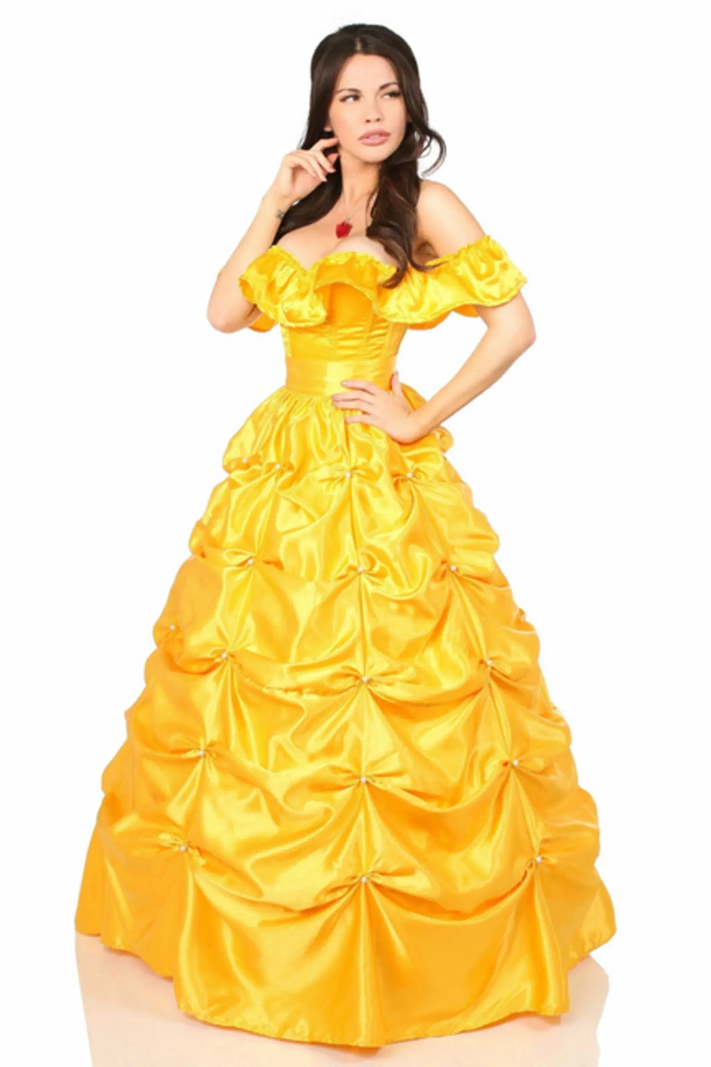 Top Drawer Fairytale Beauty Corset Costume featuring a satin off-the-shoulder gown with ruffles and pearl accents.