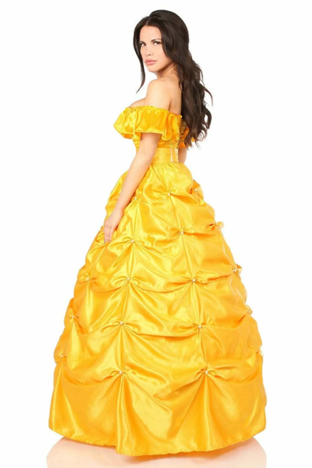 Off-the-shoulder satin fairytale corset costume with pick-up skirt and pearl accents, perfect for dress-up occasions.