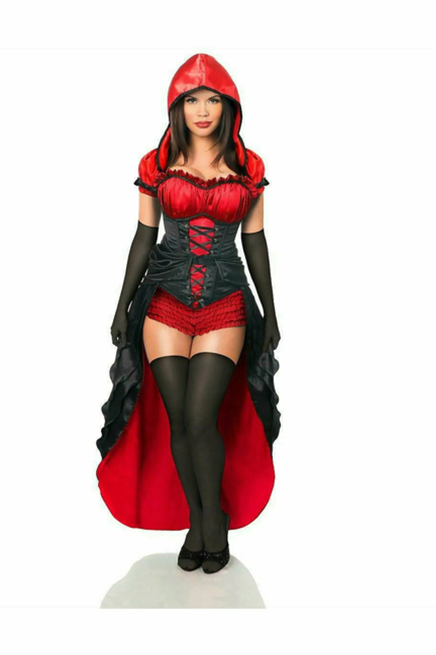 Top Drawer Red Hot Riding Hood Corset Costume with satin fabric, steel boning, and detachable skirt.