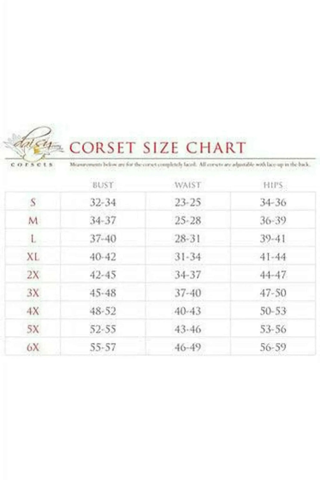Size chart for Top Drawer Red Hot Riding Hood Corset Costume with bust, waist, and hips measurements from S to 6X.