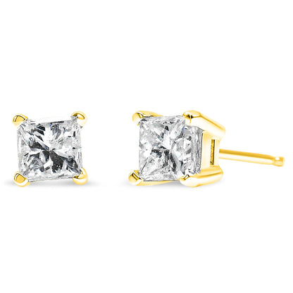 14K yellow gold princess-cut diamond solitaire stud earrings in four-prong setting.