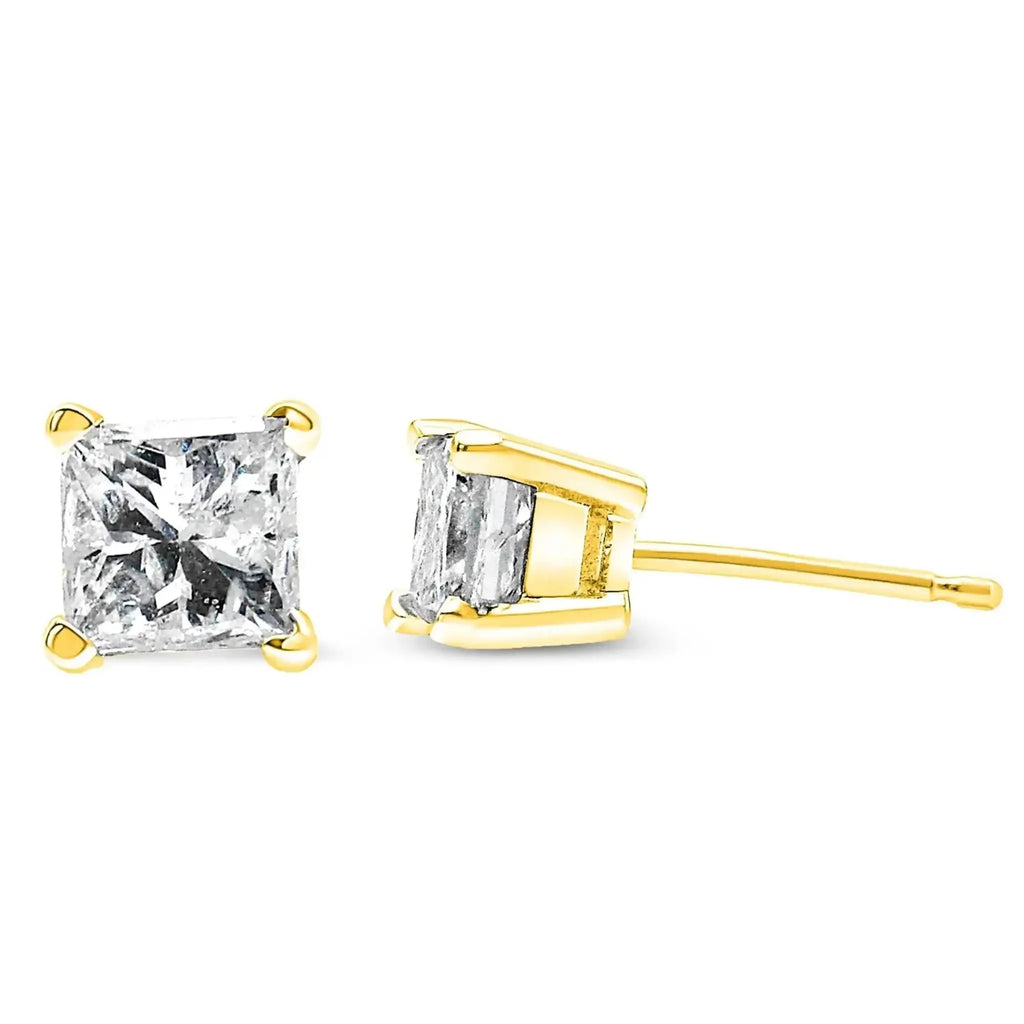 14K yellow gold princess-cut diamond solitaire stud earrings.