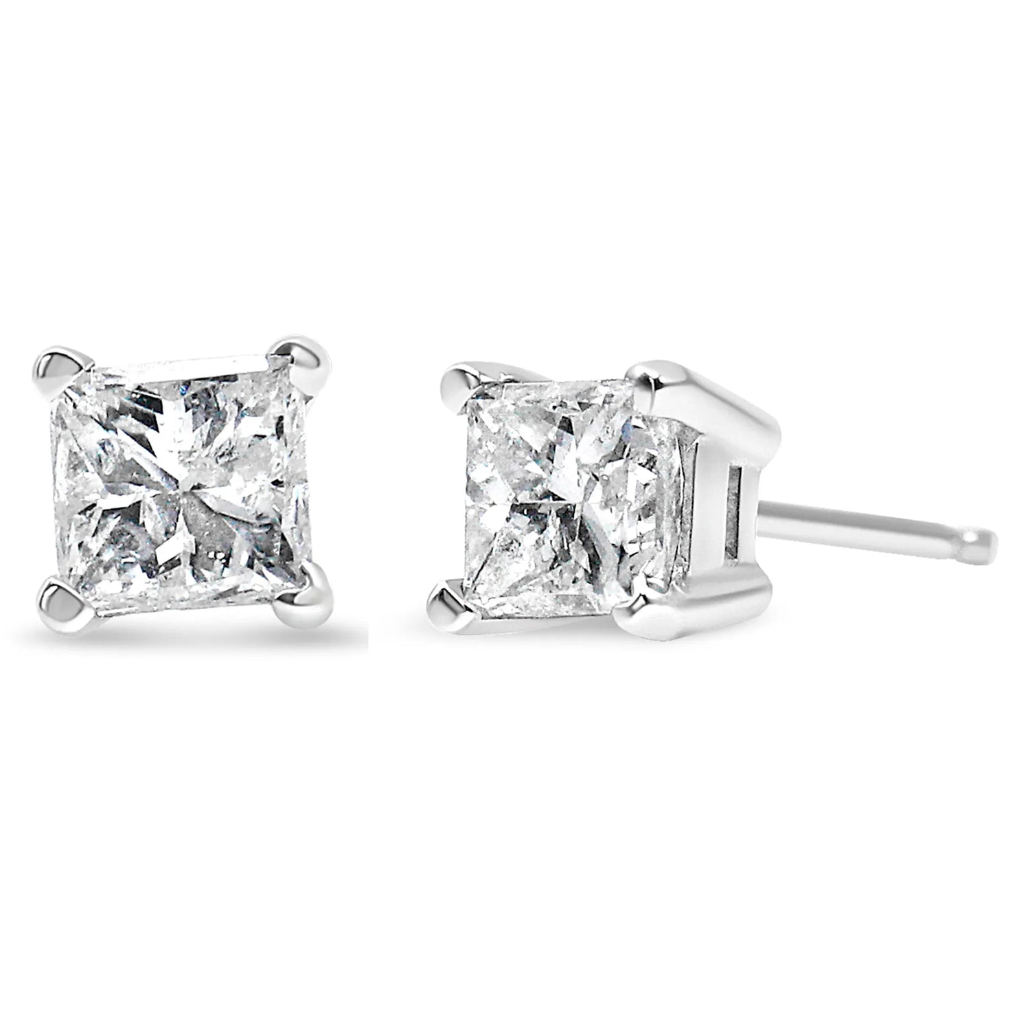 14k White Gold 1.0 Cttw 4-Prong Set Princess-Cut Solitaire Diamond Push Back Stud Earrings (I-J Color, I1-I2 Clarity)