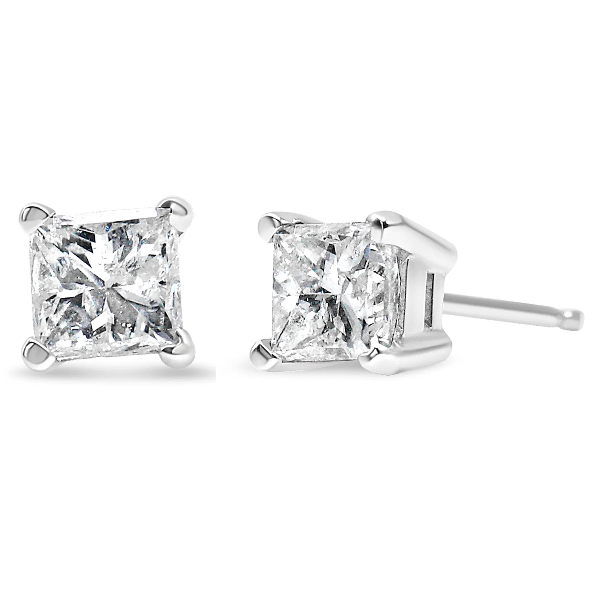 14k White Gold 1.0 Cttw 4-Prong Set Princess-Cut Solitaire Diamond Push Back Stud Earrings (I-J Color, I1-I2 Clarity)