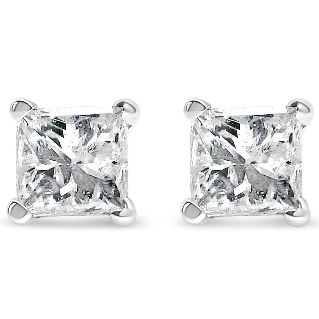 14K white gold princess-cut diamond stud earrings, 1.0 cttw, classic push back, secure 4-prong setting.