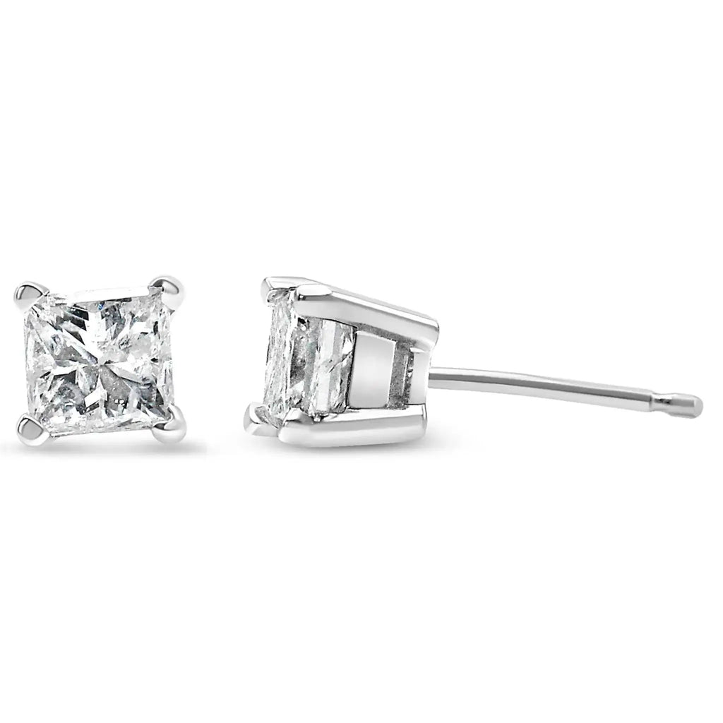 14K white gold princess-cut diamond stud earrings, 1.0 cttw, secure 4-prong setting.