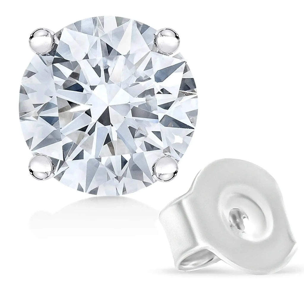 14K white gold diamond solitaire stud earrings, 1/2 CTW round-cut, 4-prong setting, G-H color, VS1-VS2 clarity.