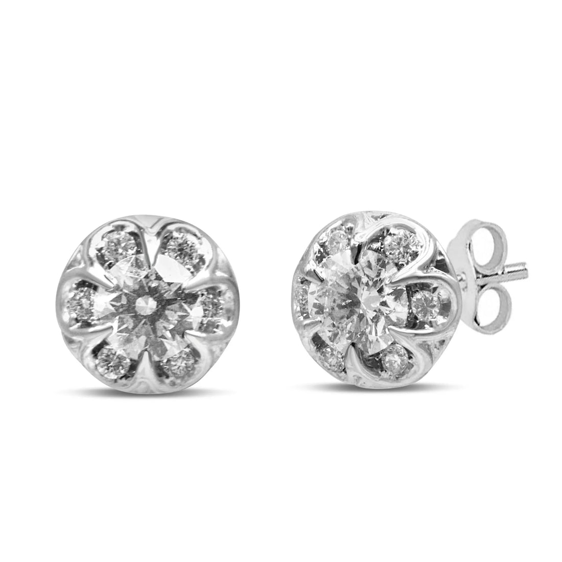 14K White Gold Diamond Halo Cluster Stud Earrings with Round Cut Diamonds