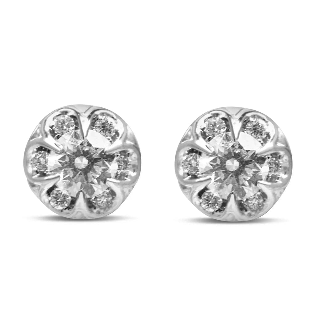 14K white gold diamond halo cluster stud earrings with 3/4 CTTW round-cut