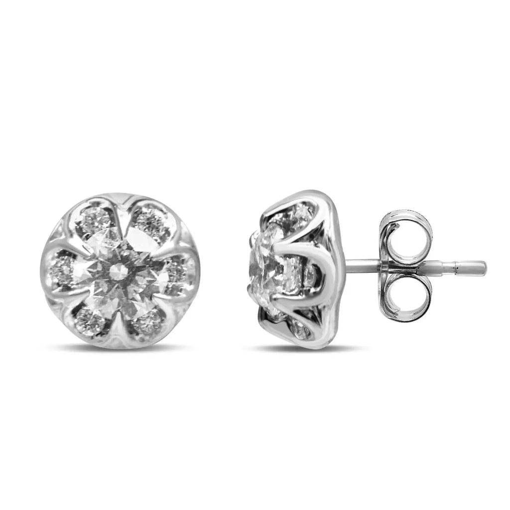 14K White Gold 3/4 CTTW Round Cut Diamond Halo Cluster Stud Earrings with Push-Back Closures