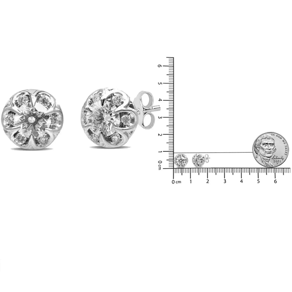 14K white gold diamond halo cluster stud earrings with 3/4 CTTW round cut diamonds, featuring I-J color, I1-I2 clarity, and secure push-back closures.