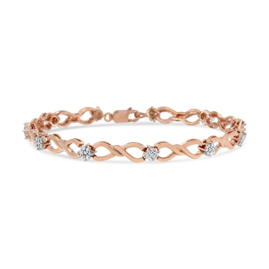 10K rose gold diamond cluster infinity weave tennis bracelet with round-cut diamonds.
