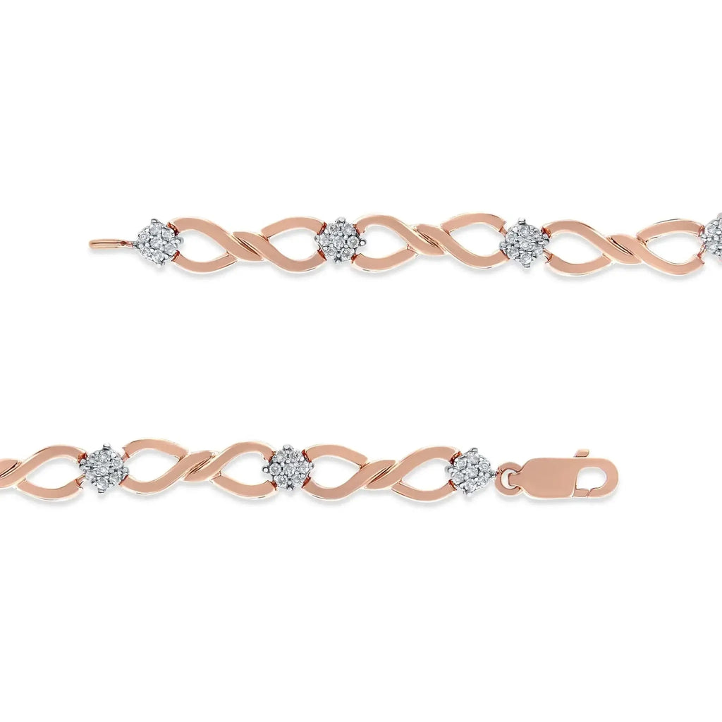 10K rose gold diamond cluster tennis bracelet with infinity weave design.