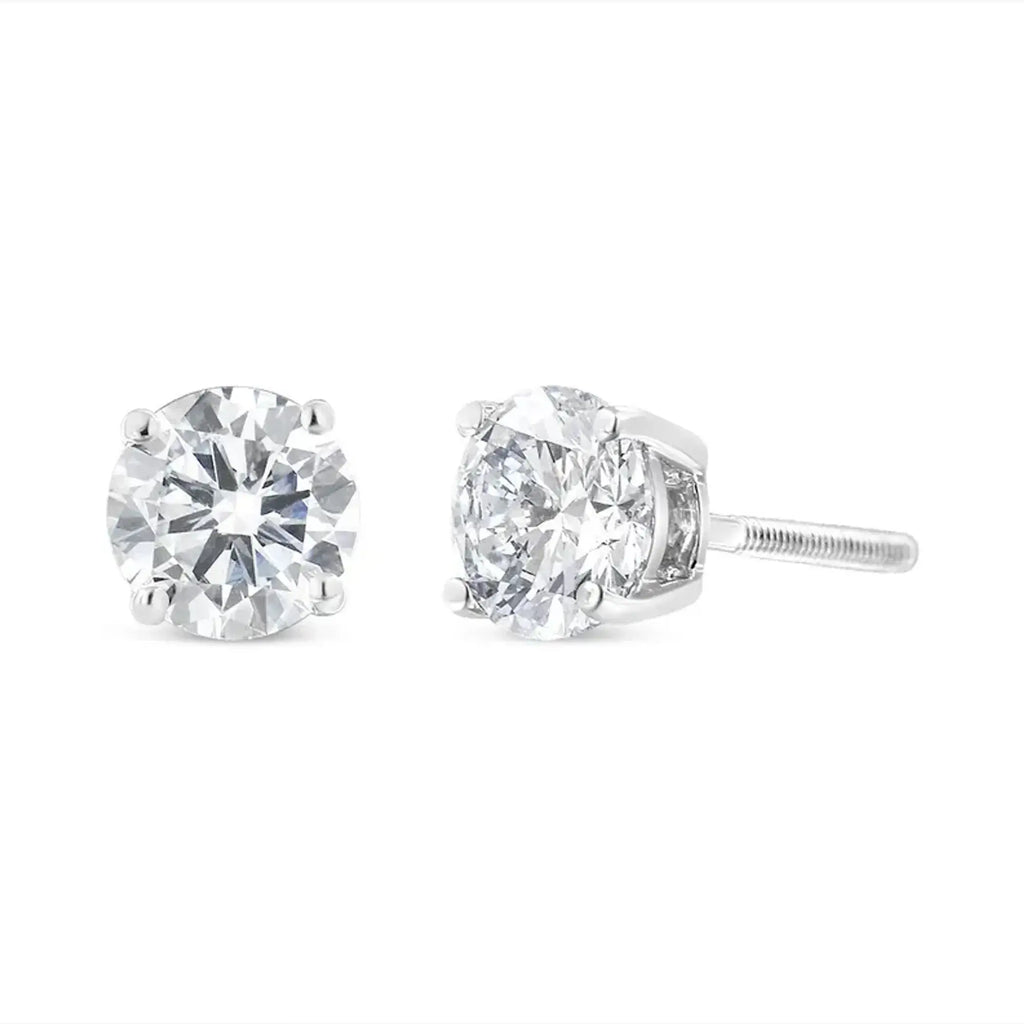 10K white gold diamond stud earrings with screw backs, round brilliant-cut, 1.00 cttw, J-K color, I2-I3 clarity.