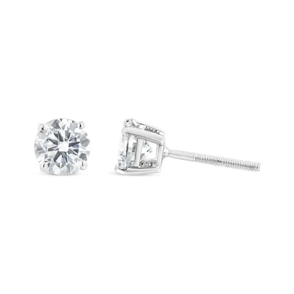 10K white gold diamond stud earrings, round brilliant-cut, 4-prong setting, near colorless (J-K), I2-I3 clarity.