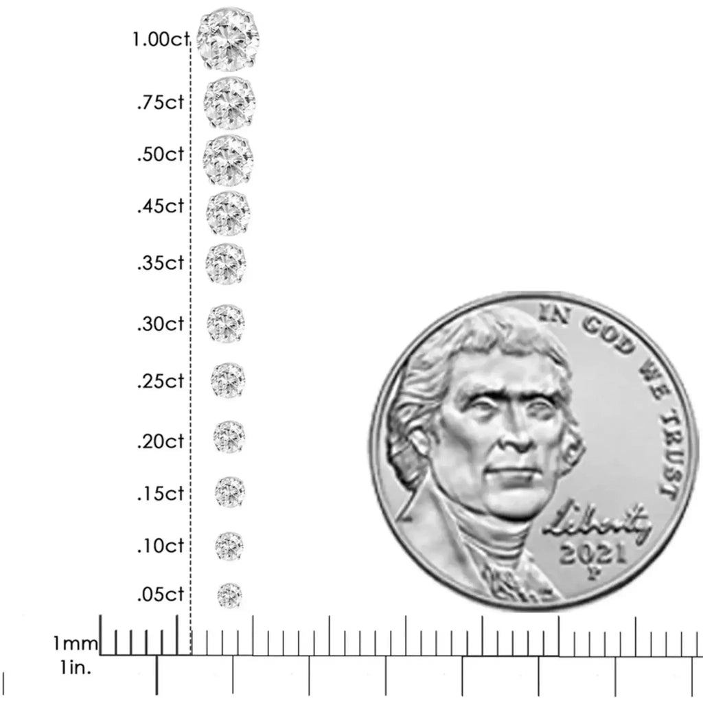 10K white gold 1.00 cttw round brilliant-cut diamond stud earrings with screw backs, J-K color, I2-I3 clarity, size comparison chart with coin for scale.