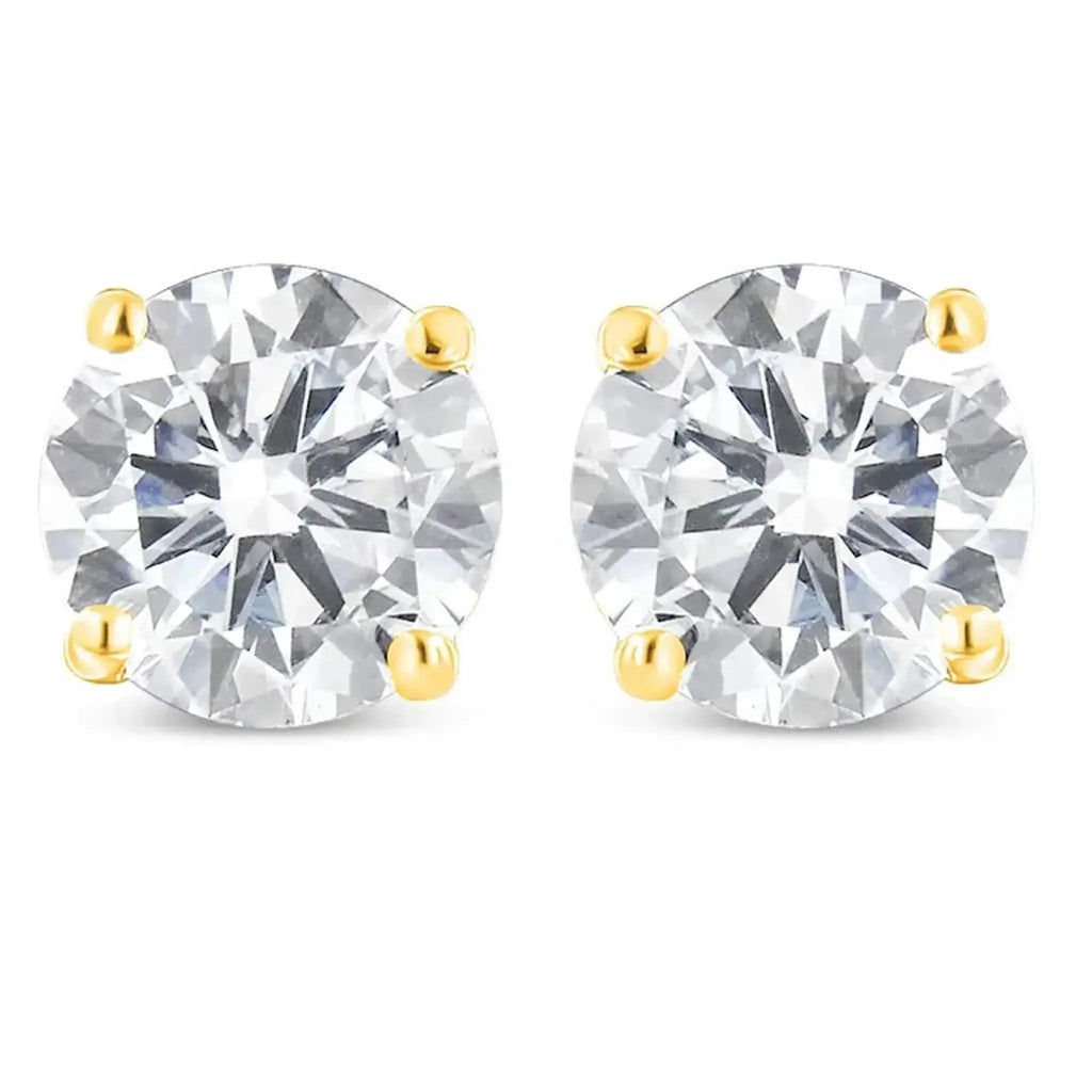 10K yellow gold diamond stud earrings with 1-1/2 CTTW round brilliant near-colorless stones.