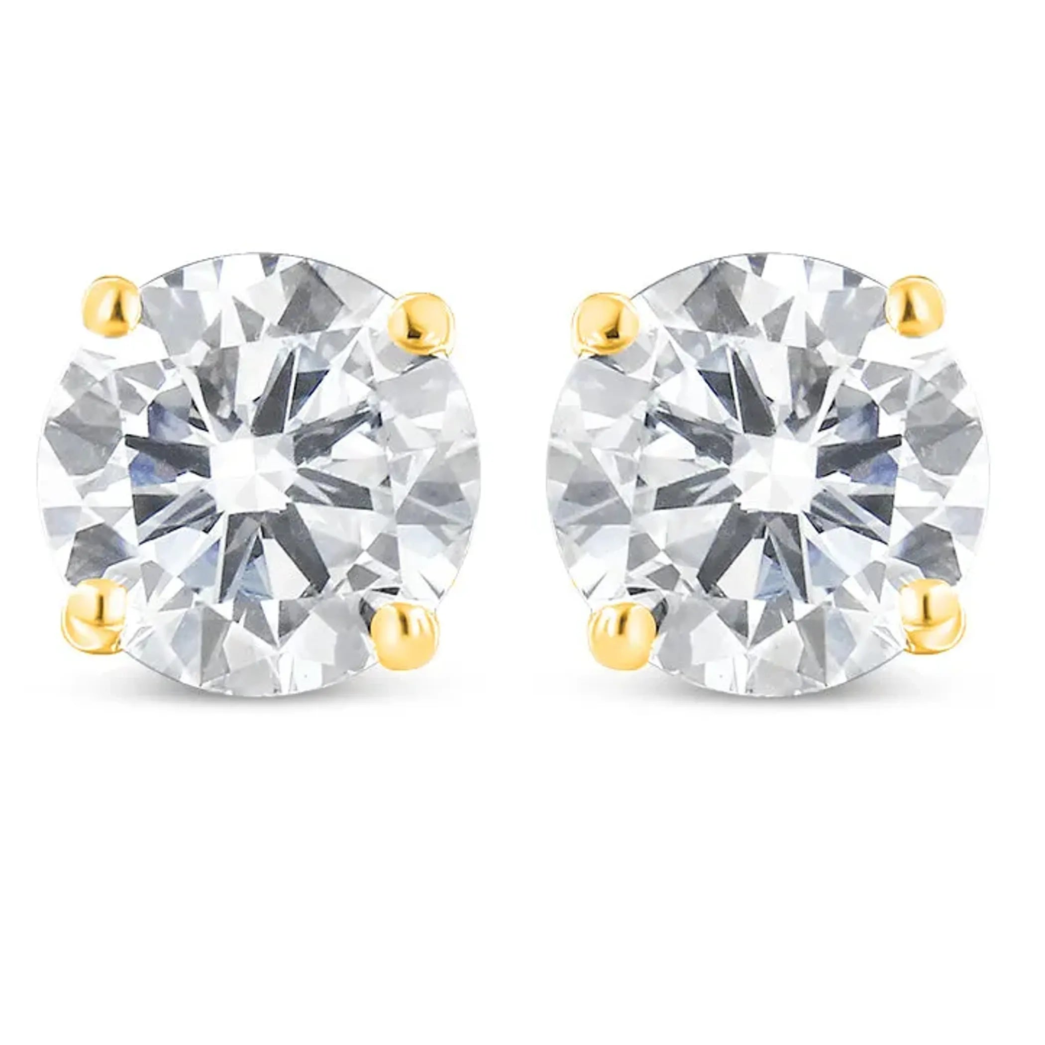 10K yellow gold round brilliant-cut diamond stud earrings with screw backs.