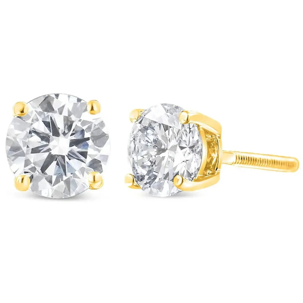10K yellow gold diamond stud earrings with 1-1/2 CTTW round brilliant-cut near colorless diamonds in a four-prong setting.