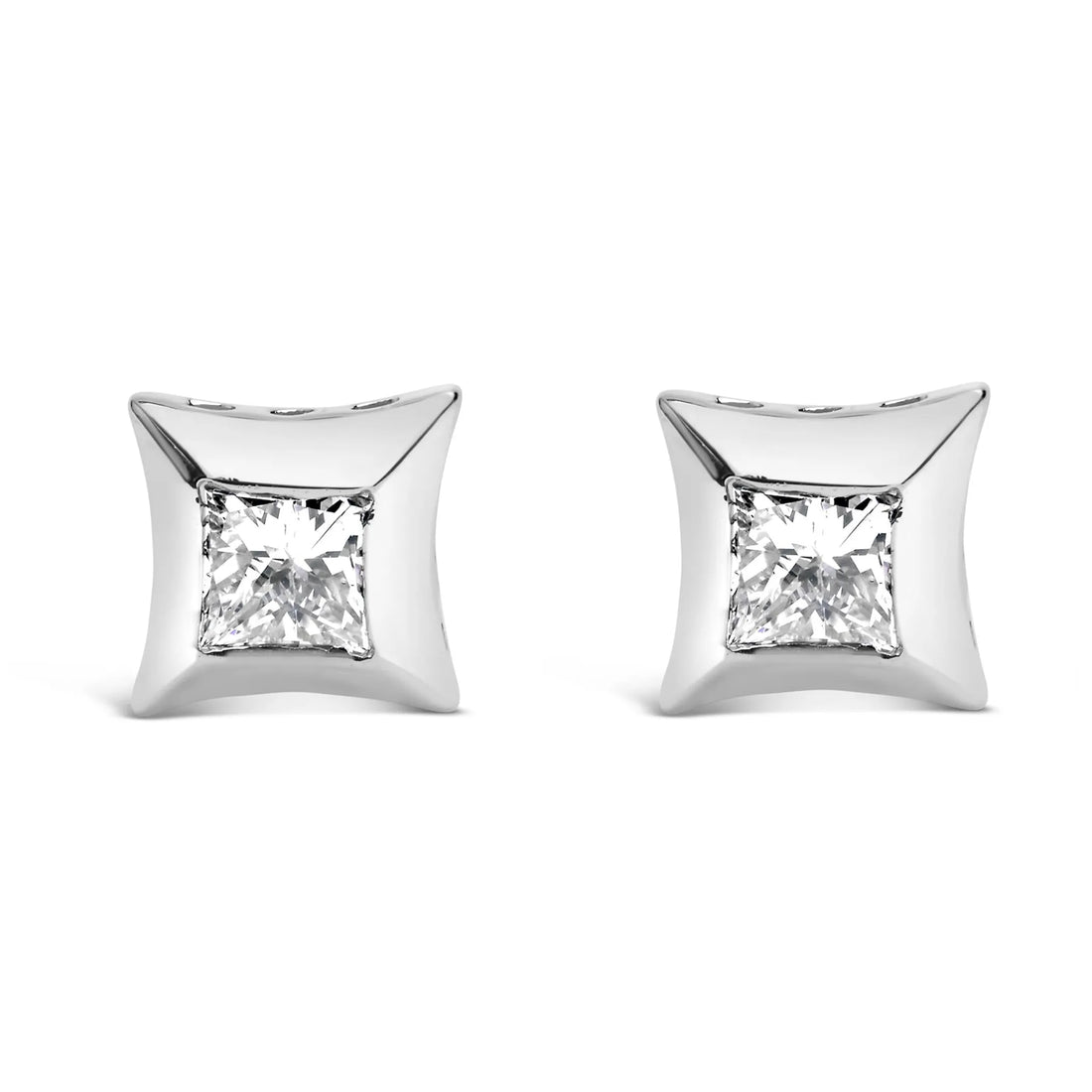 10K white gold princess-cut diamond stud earrings with invisible setting.