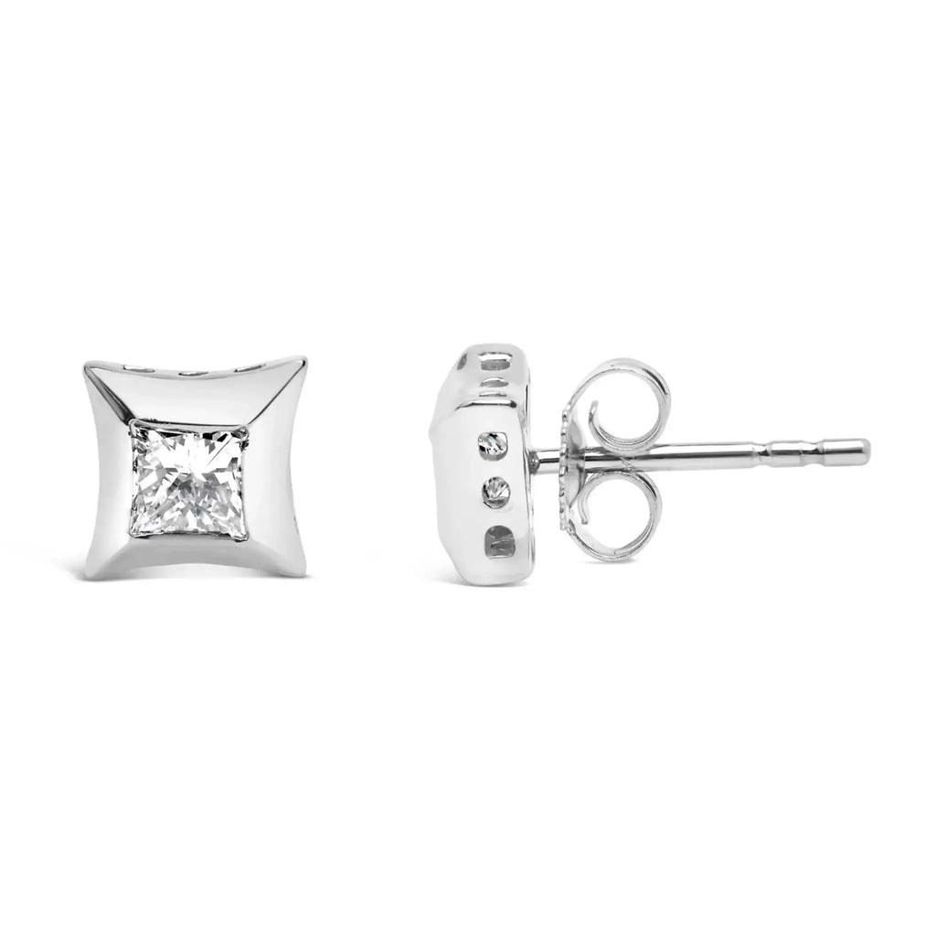 10K white gold princess-cut diamond stud earrings, invisible set, push back closure, 1/2 cttw.