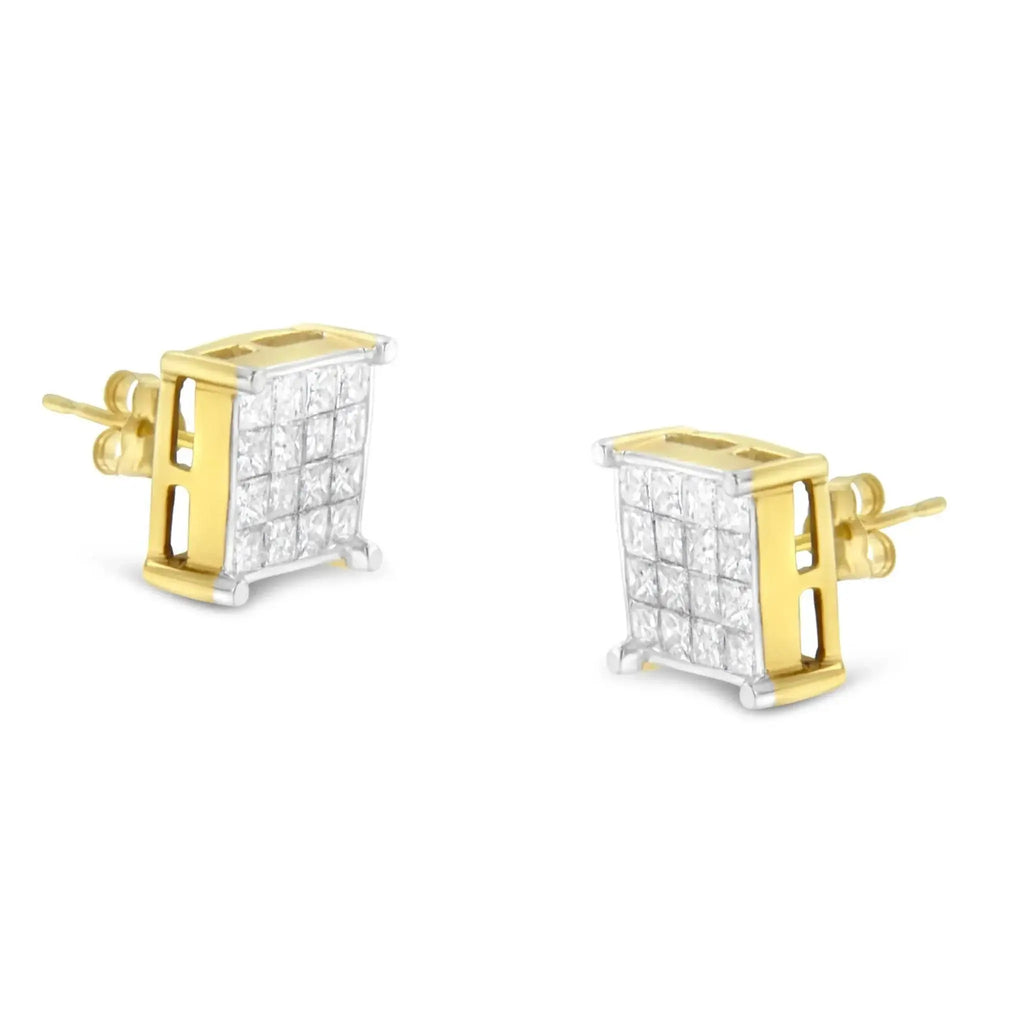 10K yellow gold princess cut diamond stud earrings with invisible setting.