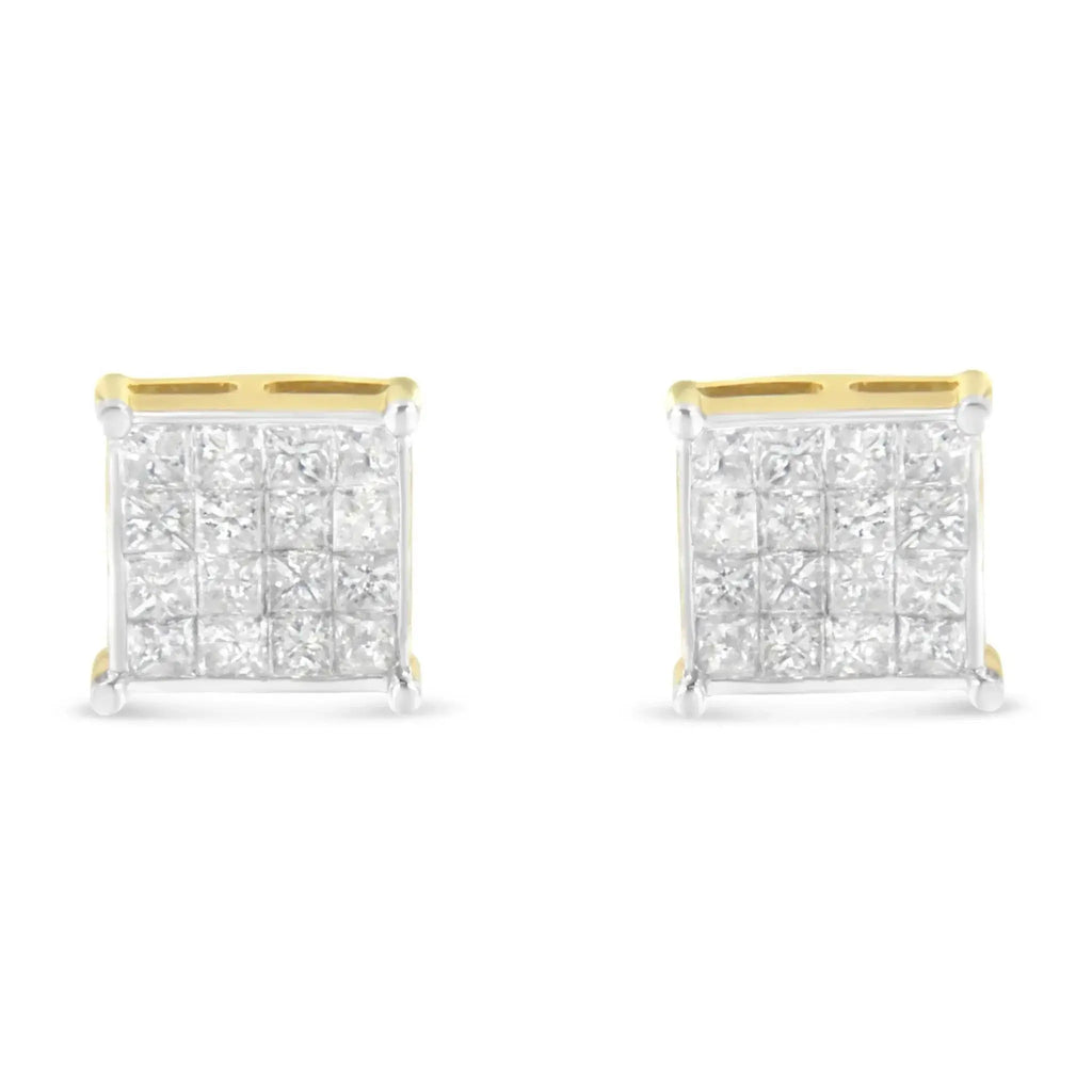 10K yellow gold earrings with 2 CTTW princess cut diamonds in invisible setting.