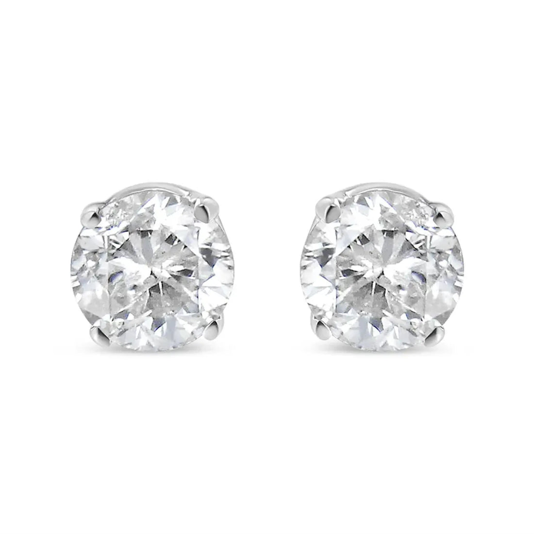 14K white gold diamond stud earrings with round brilliant-cut diamonds in a 4-prong setting.