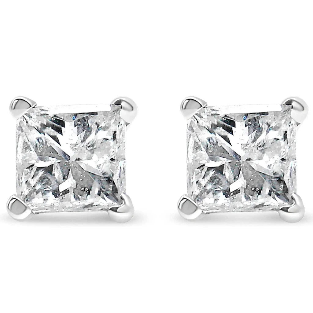14K white gold princess-cut diamond stud earrings in clarity-enhanced 1/2 CTTW with certification.