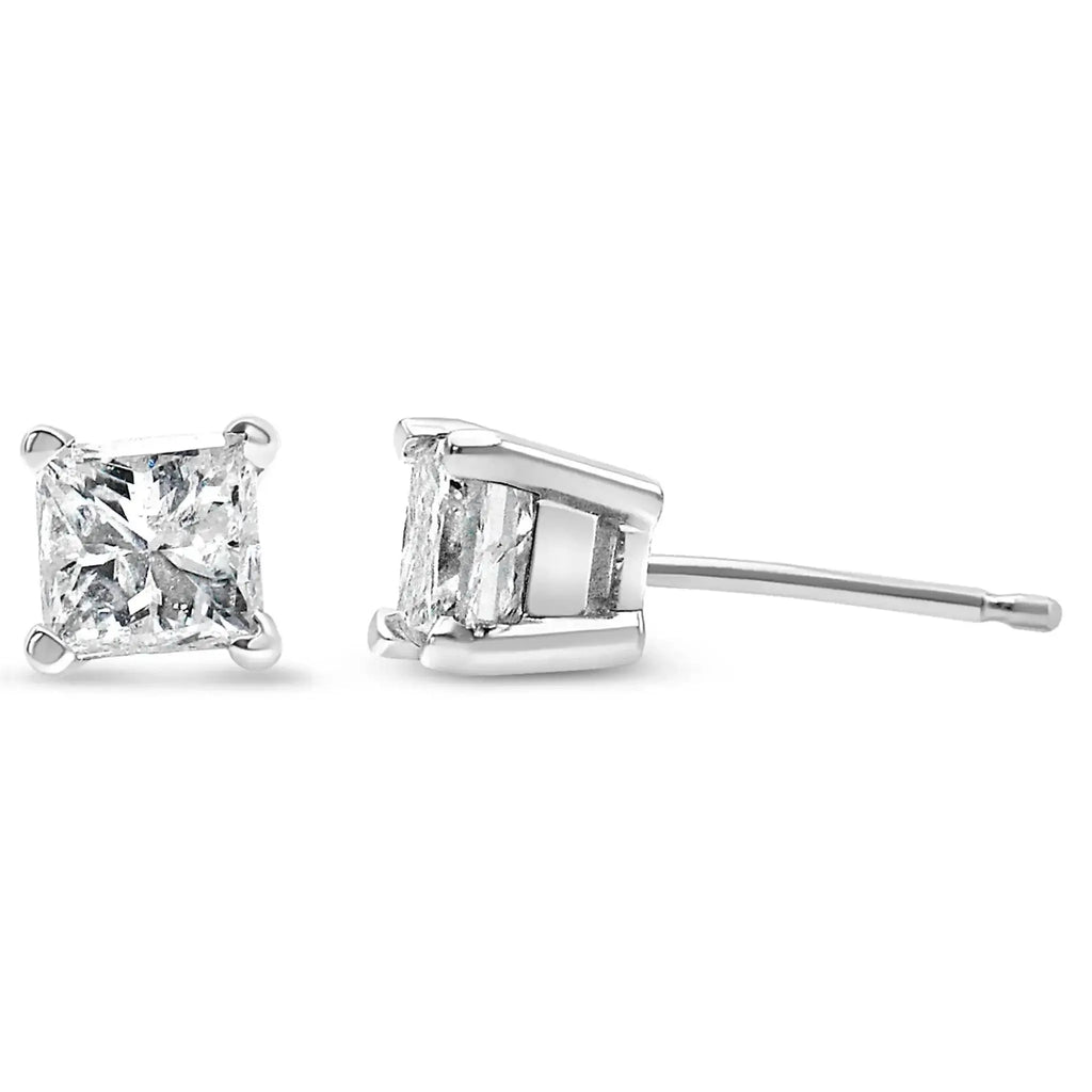 14K white gold princess-cut diamond stud earrings, 1/2 CTTW, clarity enhanced.