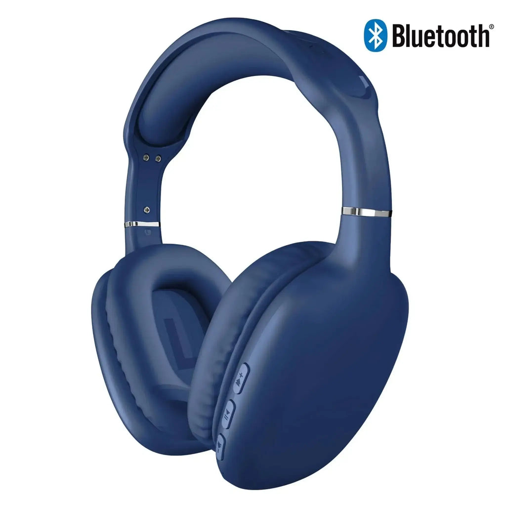 Blue HyperGear VIBE Wireless Headphones with Bluetooth icon, featuring over-ear design and onboard controls.