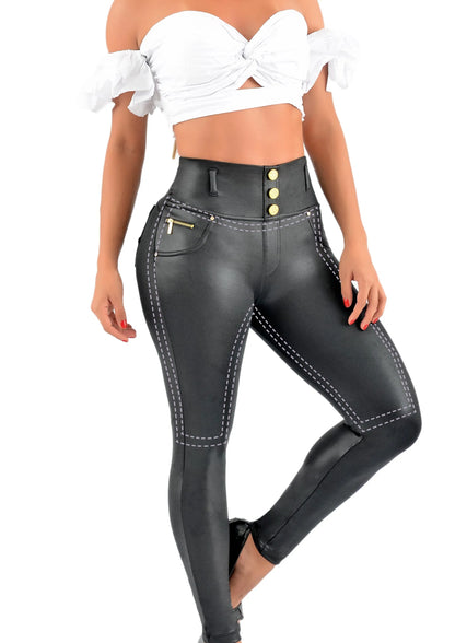 Siluet PEC leather look shapewear pants with PowerNet insert for anti-cellulite effect.