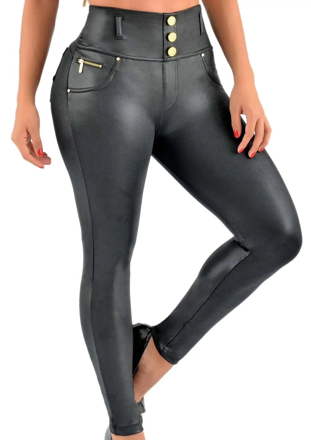 Siluet PEC leather look shapewear pants with knee-length PowerNet insert, providing a natural butt-lifting effect and abdominal control.