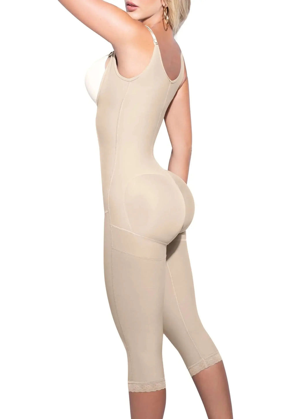 Braless slimming bodysuit with adjustable straps and seamless design in beige, enhancing curves and offering full-body control.