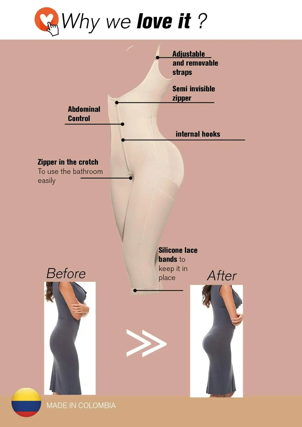 Braless slimming bodysuit demonstrating adjustable straps, abdominal control, and before/after transformation.