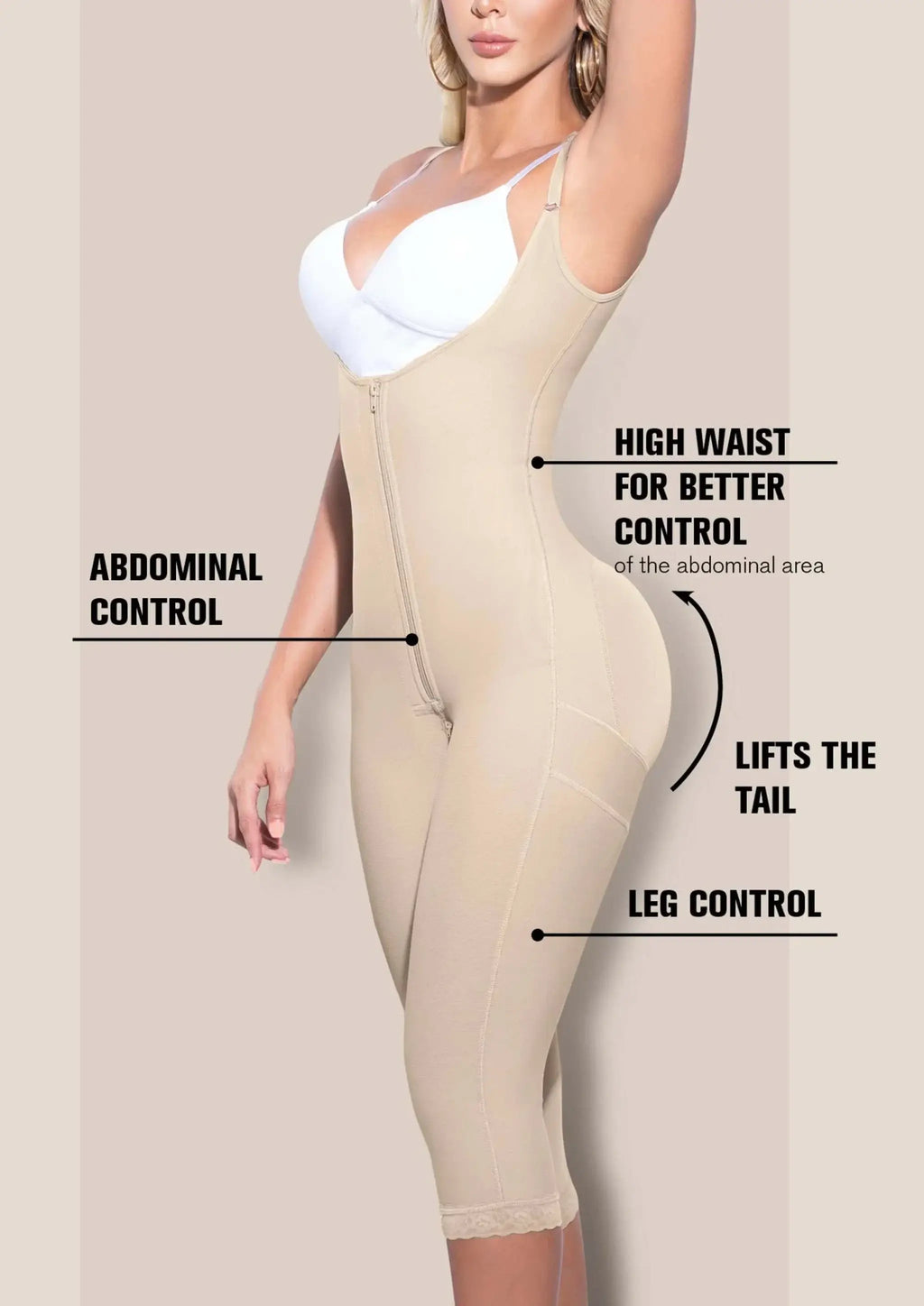 Braless slimming bodysuit with high waist, abdominal, and leg control, enhancing curves and providing a smooth silhouette.