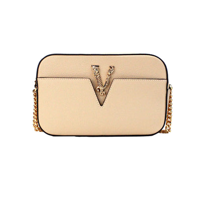 Versace Virtus Small beige leather camera crossbody bag with gold V logo and adjustable strap.