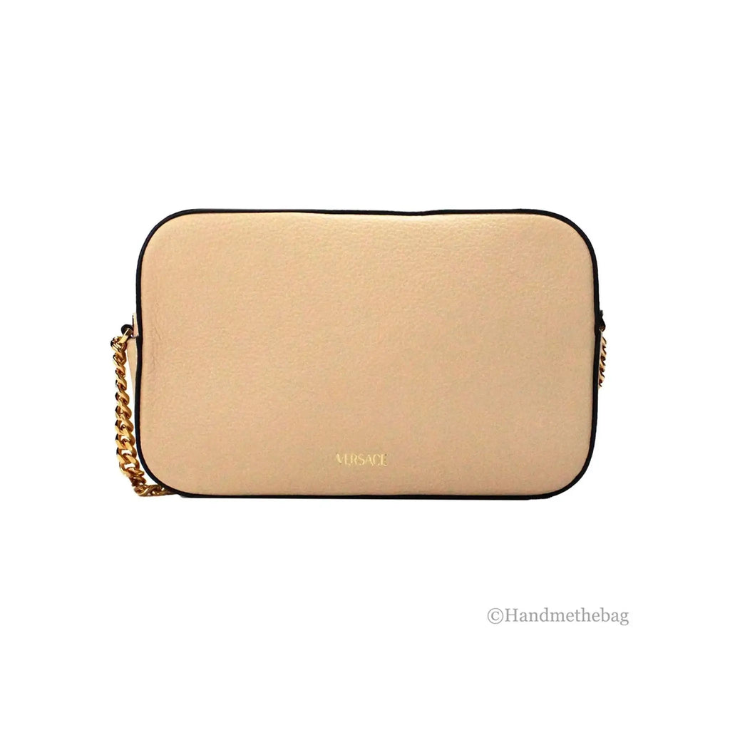 Versace Virtus small beige leather crossbody bag with gold chain, featuring adjustable strap and V logo.