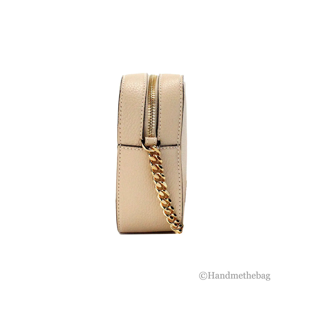 Versace Virtus small beige leather camera crossbody bag with chain strap and zip closure.