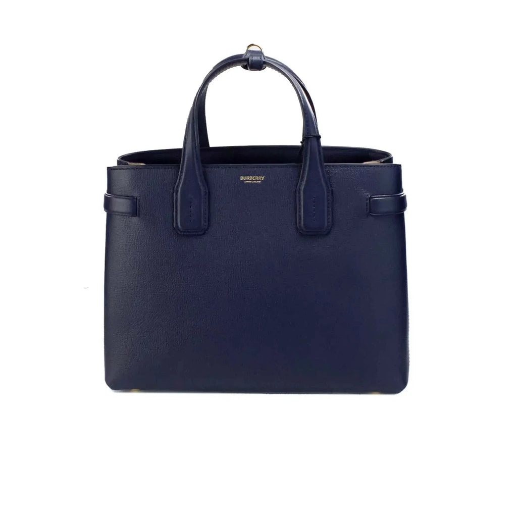 Burberry Banner Medium Regency Blue Leather Tote Bag with adjustable crossbody strap and inner zip pockets.