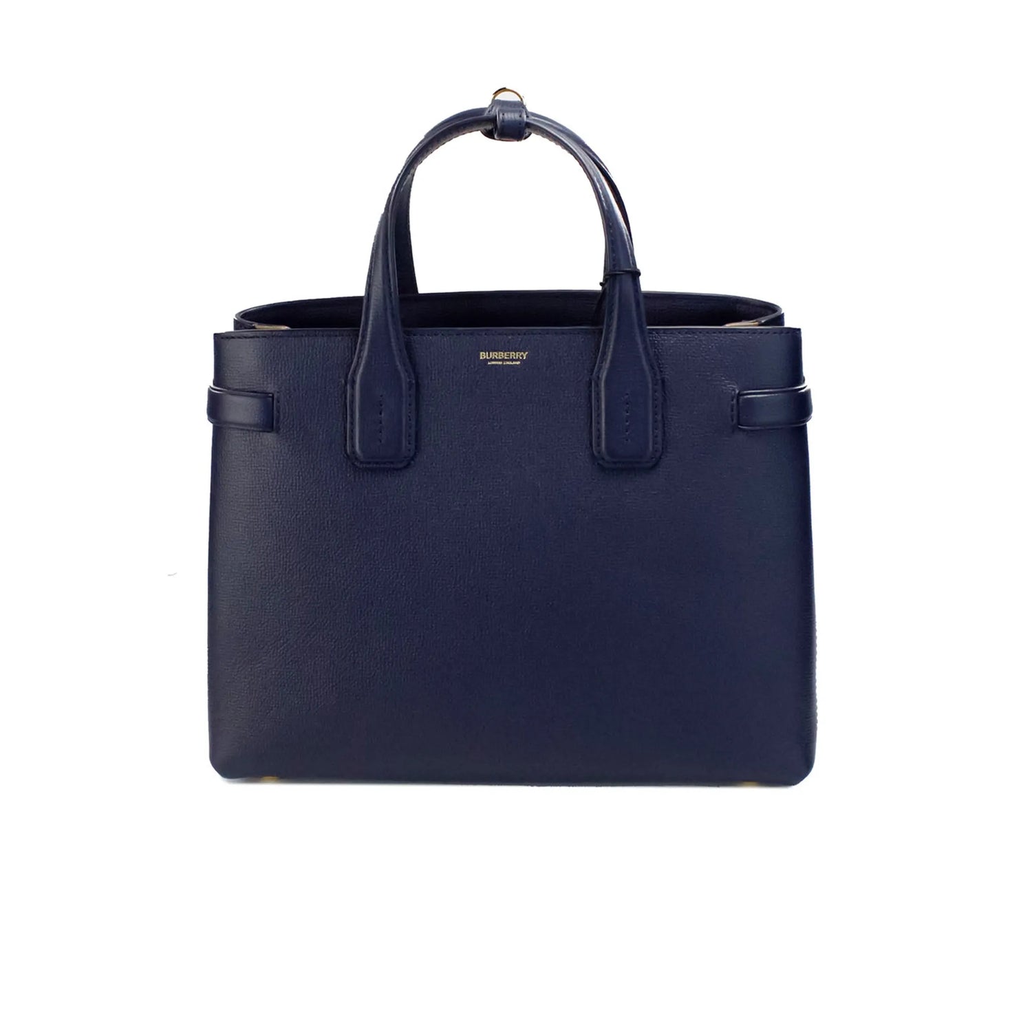 Burberry Banner Medium Regency Blue Leather Tote Bag with Crossbody Strap and Zip Compartments.