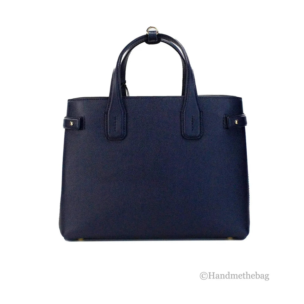 Burberry Banner Medium Regency Blue Leather Tote Bag with detachable strap and zip compartments.