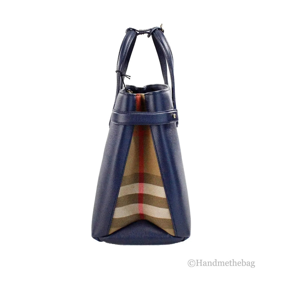 Burberry Banner Medium Regency Blue Leather Tote Bag with adjustable strap and protective studs.